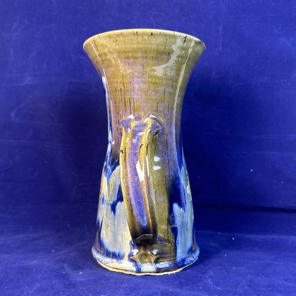 Vintage Handmade Studio Pottery Pitcher 9.5" Blue Brown Drip Glaze Art Pottery - Picture 2 of 8